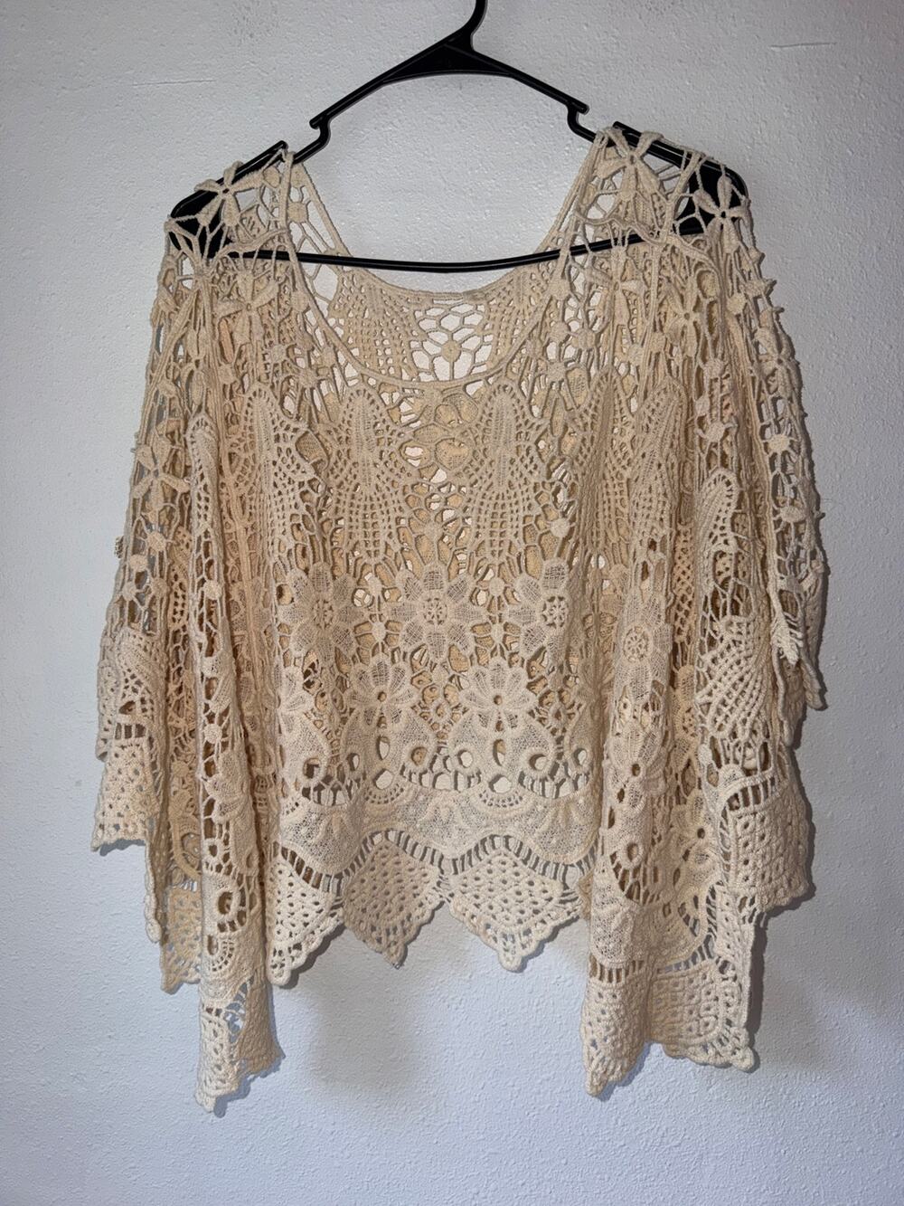 Cream Off White Crochet Floral Boho Poncho One Size 100% Cotton Hippy Knit